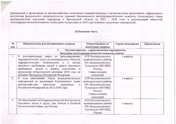 План работы антитеррористической комиссии Большесельского муниципального района Ярославской области на 2018 год