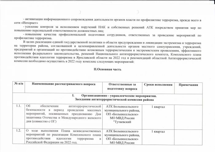 План работы антитеррористической комиссии Большесельского муниципального района Ярославской области на 2022 год